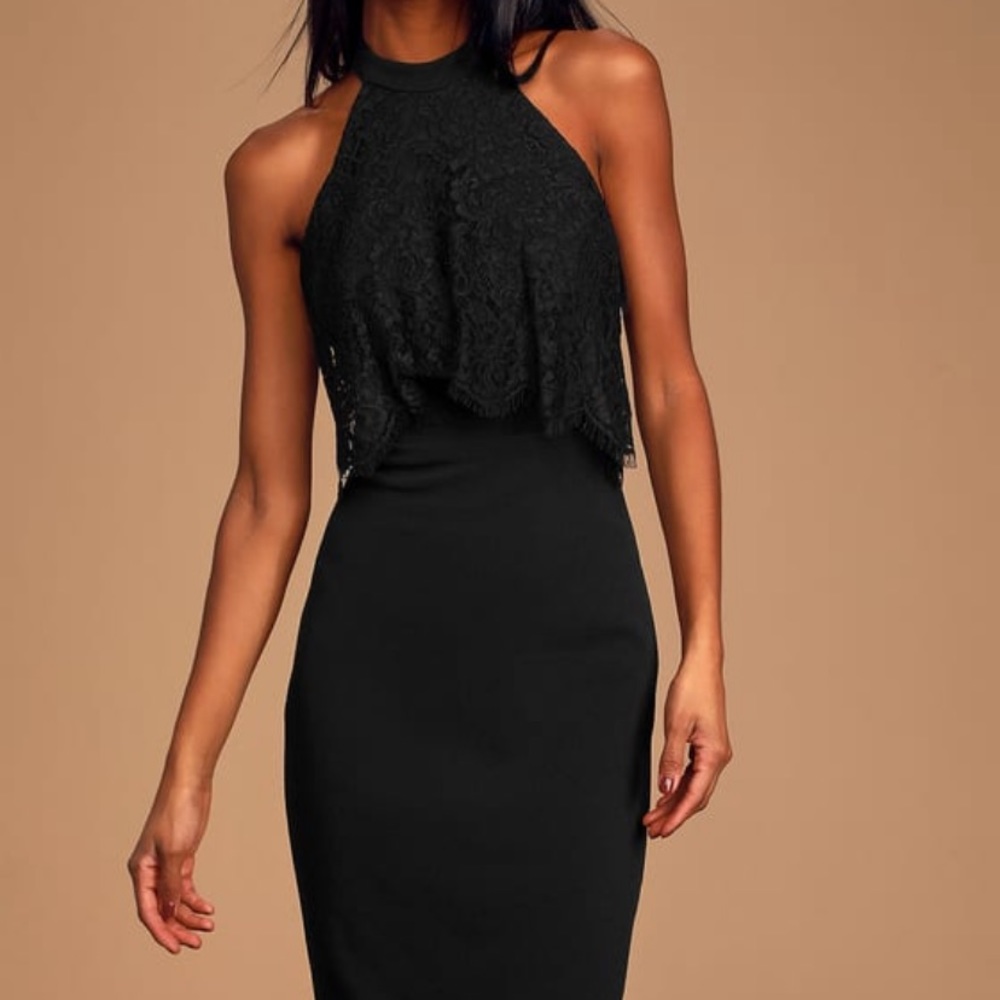 Black Lace Backless Halter Midi Dress